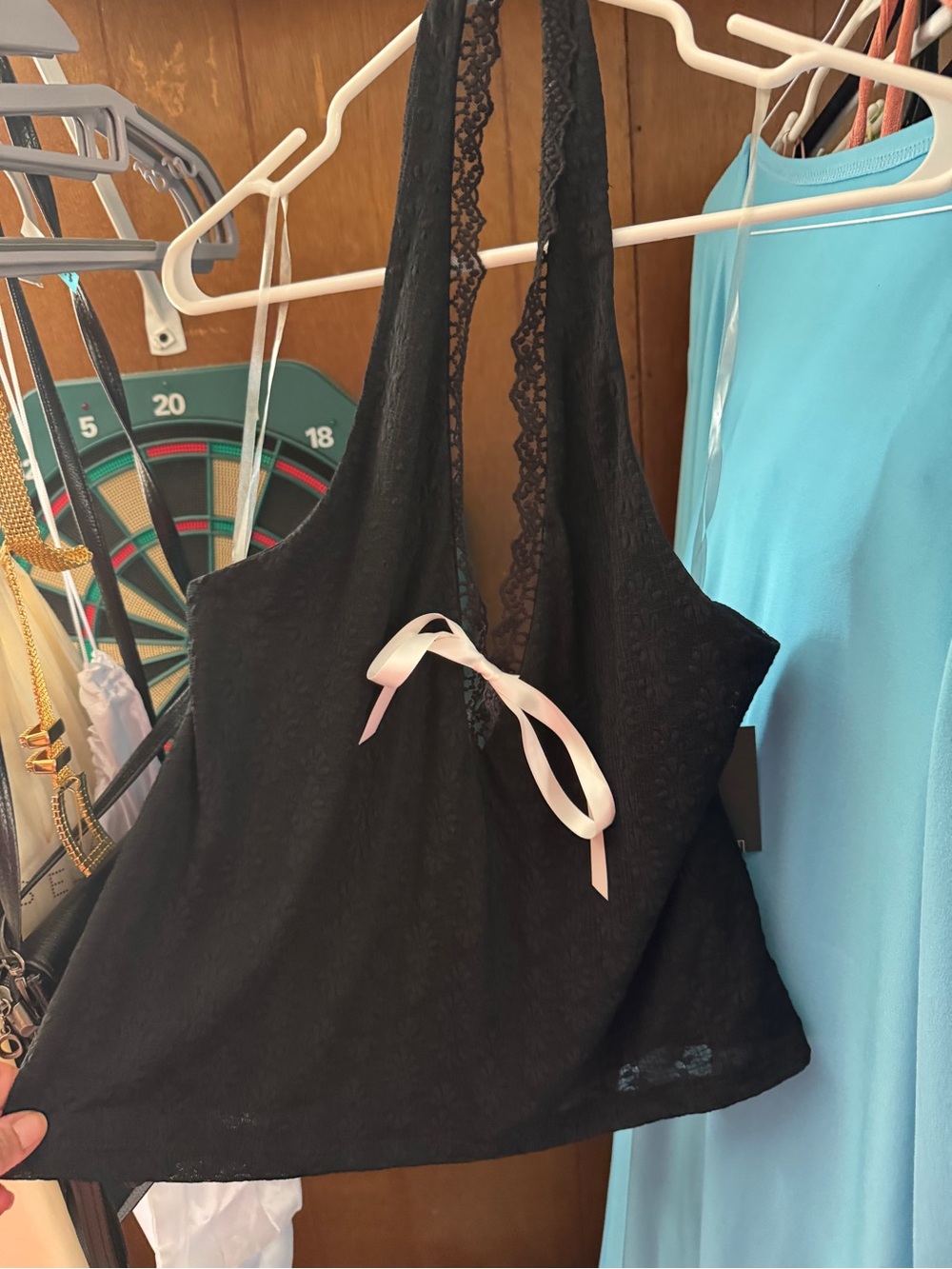 wild fable Black Lace-Back Camisole with Pink Ribbon